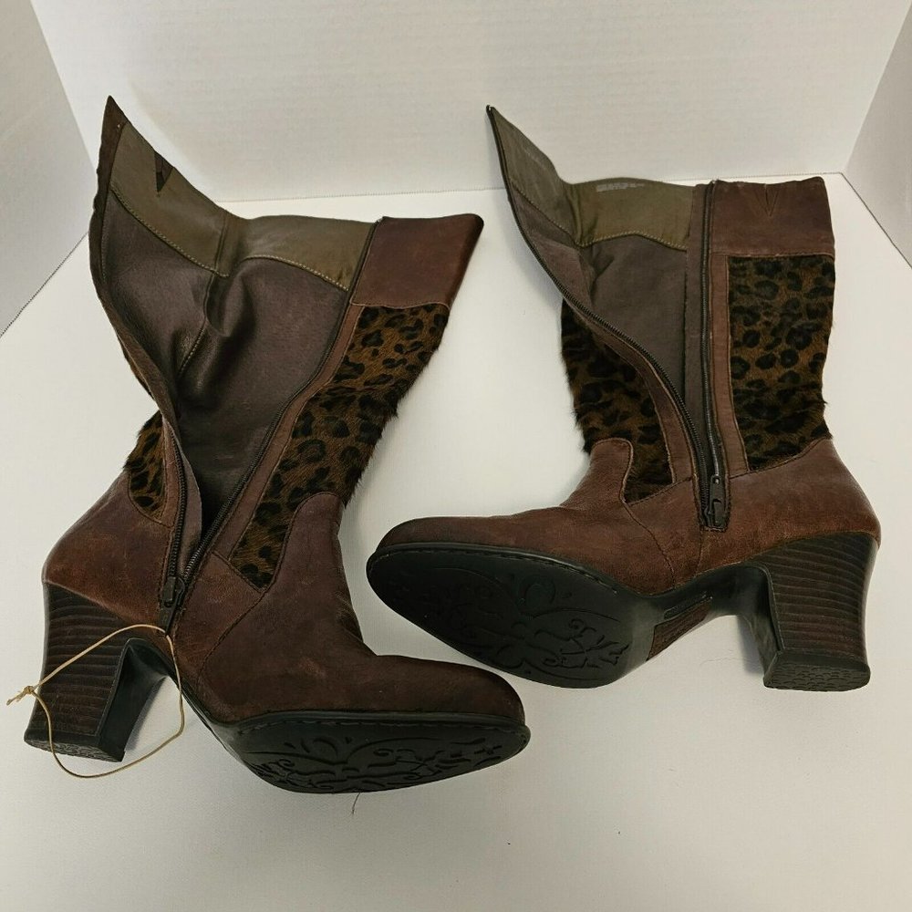 Born Brown Boots Knee High Zip Leopard Print Pony Hair Women Size 9 1/2 - Picture 8 of 16